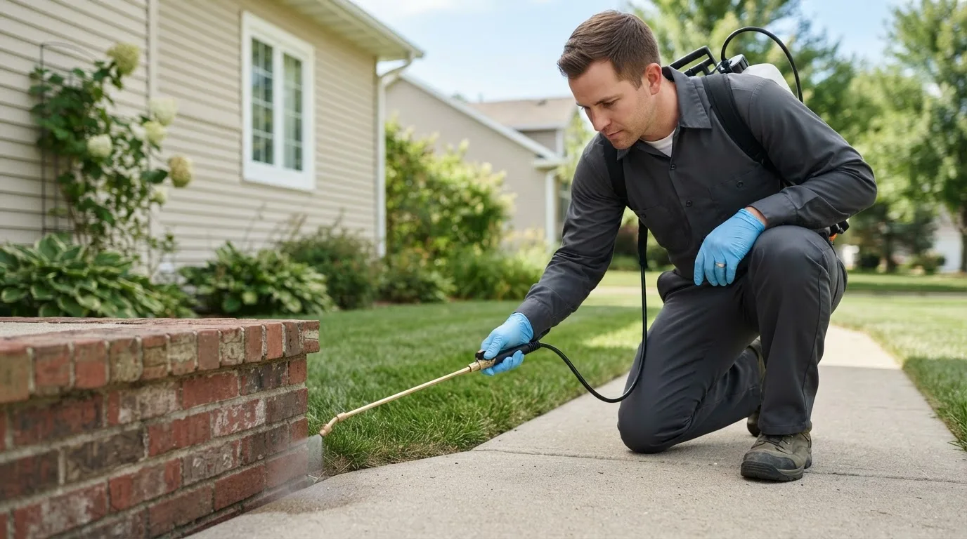 Pest control technician treating a home near Carversville, PA